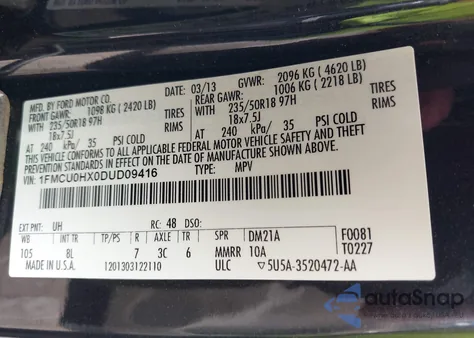 2013 Ford Escape Sel из США, поврежденный, VIN 1FMCU0HX0DUD09416